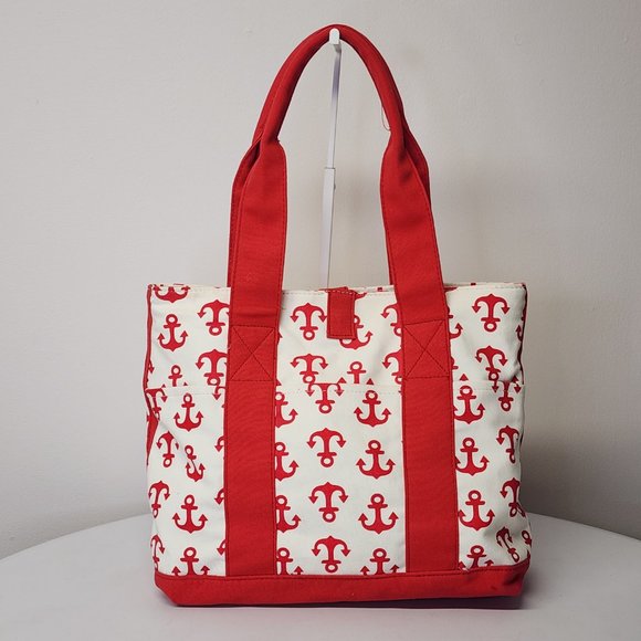 Unbranded Canvas Boat Tote Red Anchor Print Snap Closure Pockets/Change Purse - Picture 2 of 13